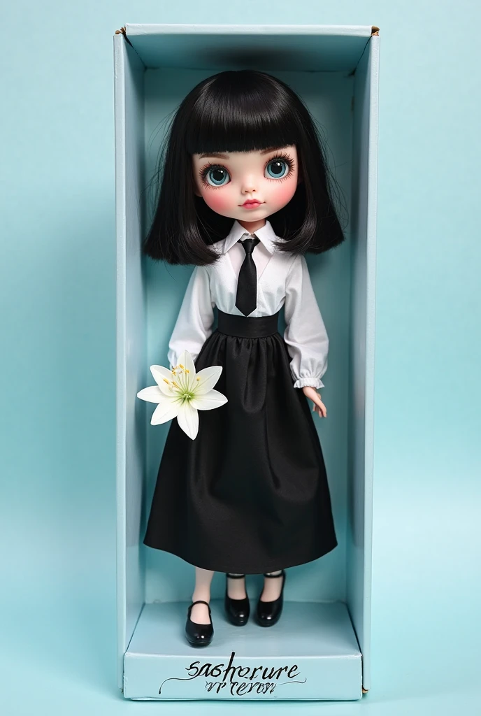 You can create a white blythe doll, black hair, micro bang and green eyes?