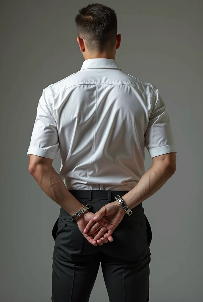 Make a photo off of a man in a dress shirt and dress pants in shackles.. The man must be in his twenties and his uniform must be well fitted. His hands must be behind his back. He must have well groomed hair. He must have leg cuffs.