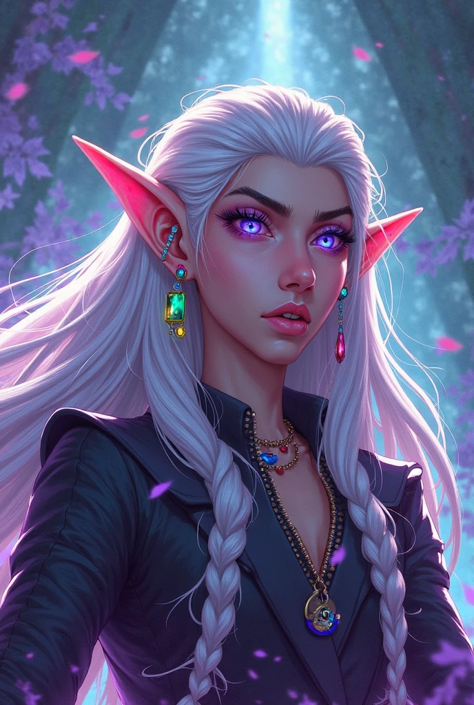 Female half elf, dark skin, adult, purple eyes, long silver hair , anime, burns