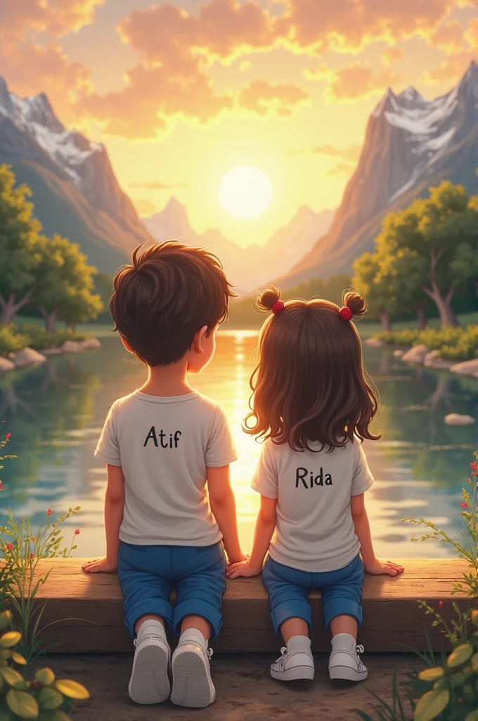 A girl is sitting next to a boy with a girl's name Riya written in grass