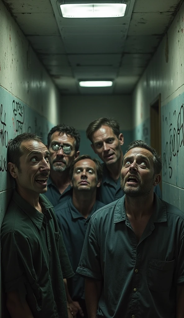 A prison cell with the gay men and a man afraid of them and shouting for help