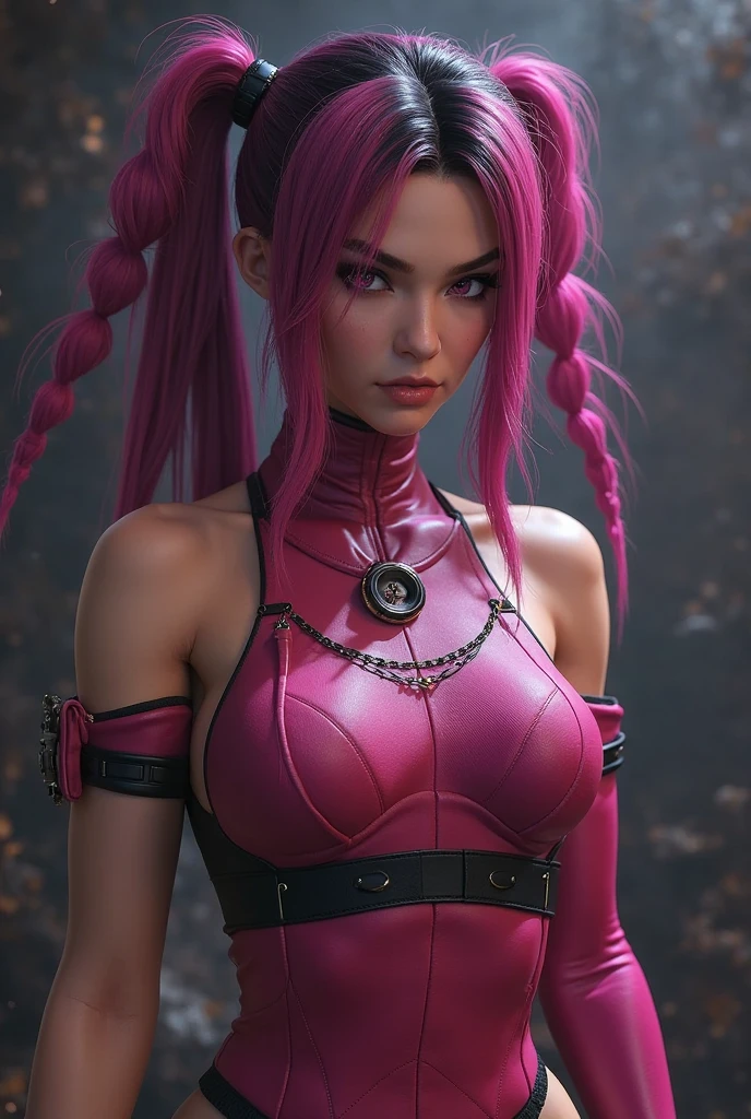 Saunt, cyberpunk, long legs, tights, red-pink hair, big breasts, 36D tall figure