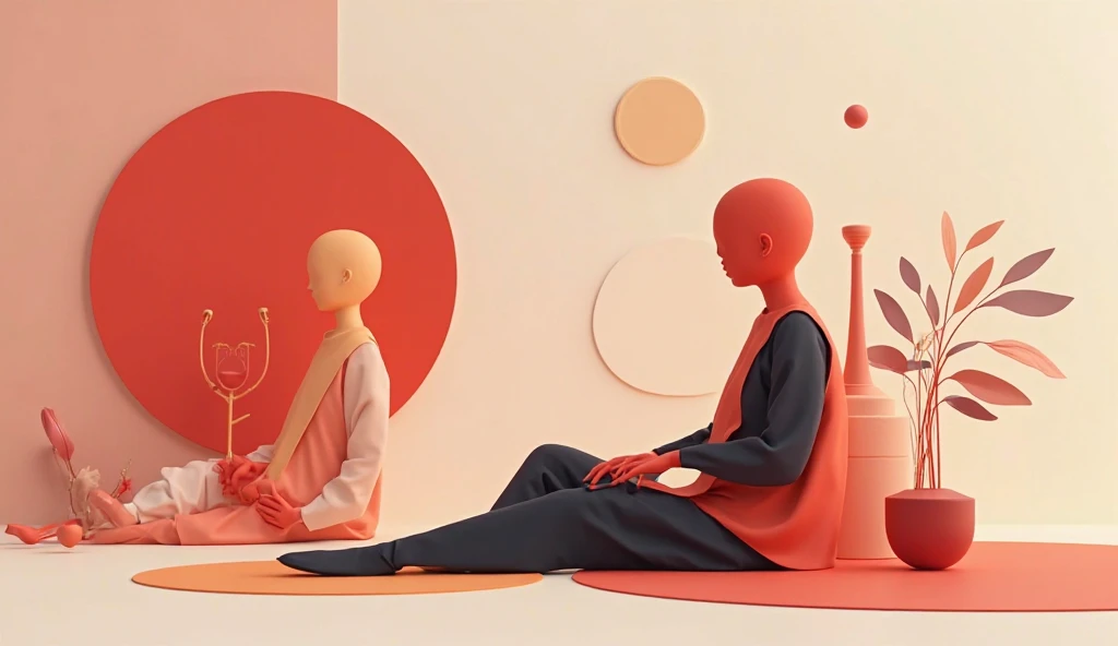 A one colour (red) figure sitting on a cloud fauteuil on an orange pastel background tha fades