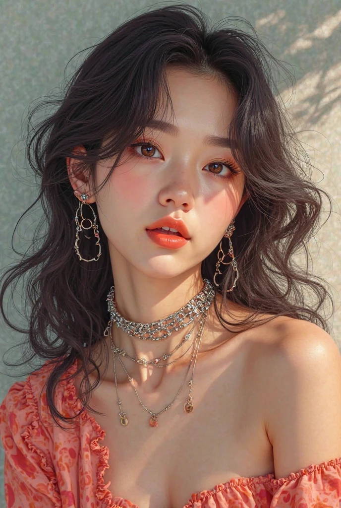1 girl, 23 years old, south korean, idol, masterpiece, perfect face, soft skin, freckles under eyes, long whavy hair, shining eyes, eyeliners, necklase, round earrings, red lips, big smile, perfect teeth, natural makeup, soft lighting, bright colors, city background, face focus, portrait, sketch, face closeup.