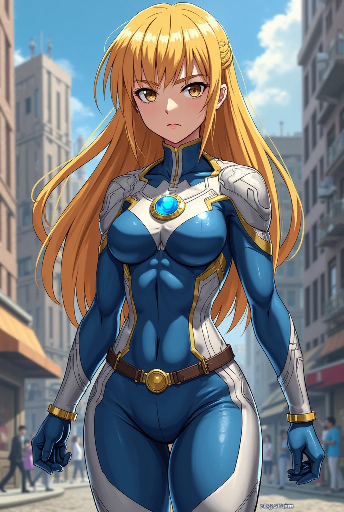 ((masterpiece)), ((Ultra quality)), ((super detailed)), ((high resolution)), ((8k)), a beautiful woman, ((She is one of the most famous actress in the world.)), unparalleled beauty, ((large breast:1.5)), ((large ass)), ((deep cleavage:1.4)), slim waist, chest out, ultra detailed face, perfect skin, (((waist length hair, ((long straight golden hair)), crossed bangs))), ((blue eyes)),  detailed eyes, whole body image, ((sexy, an inviting smile)), sensual, (((anime))), ((glamorous)), ((sexual attraction)) ,((Age 25)), ((incredibly beautiful woman)), ((The H cup bust)), ((neat and clean.)), ((Power Ranger, commanding officer)),  (((high leg cut leotard, white line on blue colored Super power suit))),  ((beautiful breasts, beautiful legs)), 8 life size, anime:1.4, the most beautiful and strongest, ((charm)), ((British beauty)), ((((Gravure pose)))), ((City in Ruins, Immediately after the battle)), ((Femininity)),