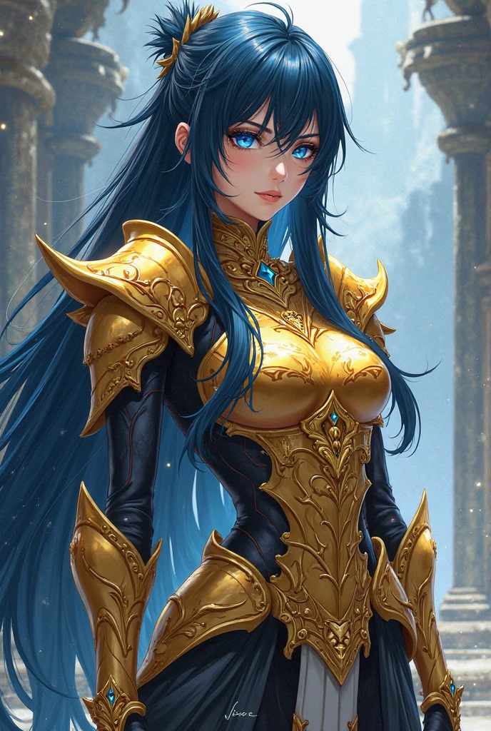 (masterpiece, best quality), 1girl, Ultramarine Side-Swept Fishtail Braid with Colored Ends, big breasts, <lora:HXarmour_009:0.8> HXARMOUR