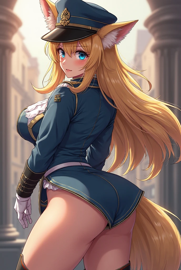 Girl with long blonde hair, hair down, red lips, blonde fox ears and tail, big breasts, wearing a highschool uniform