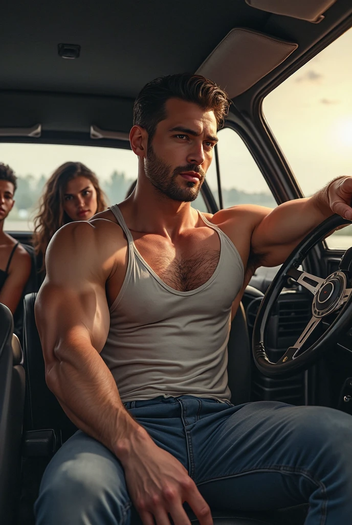 Strong hairy and bearded mixed race man inside a luxury car, driving, in navy blue underwear, with a woman in a dress on the side.