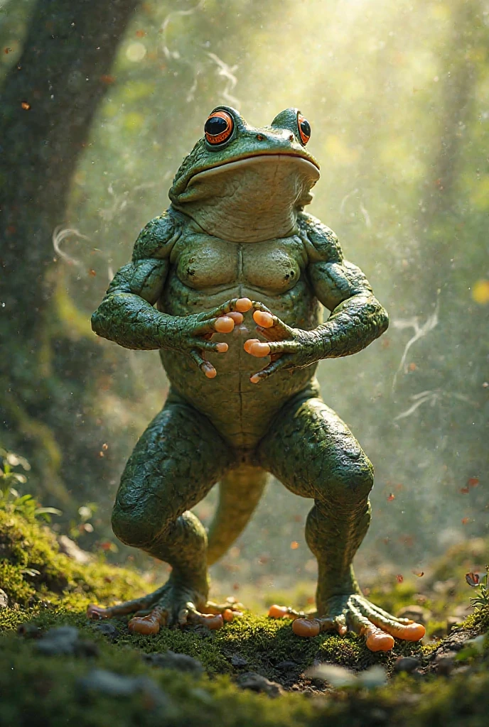 master frog fighting capoeira with the belt around his waist
