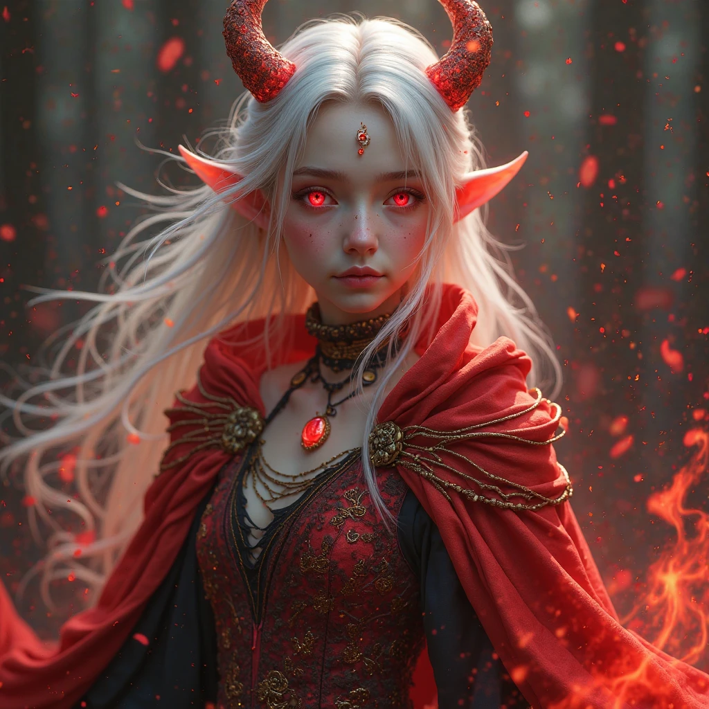 dnd, dungeons and dragons, high half elf, sorcerer, wild magic, portrait, solo, single person, pale white skin, long white hair, glowing golden eyes, beautiful, female, , busty, smirking, flowing red robes, casting a magical spell, ((masterpiece, best quality)), artwork trending on artstation