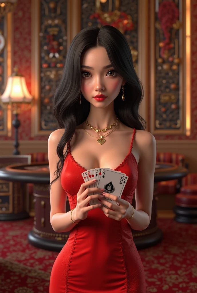 playing in casino, red casino background, polite and kind, Sweet Face, roulette table, poker table, all in one casino place, colourfull background