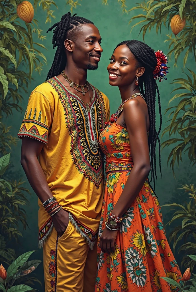 Make me a picture of an African woman, her dress is written "Uraha" when she is with a man, her dress is written with "pearls" on the front