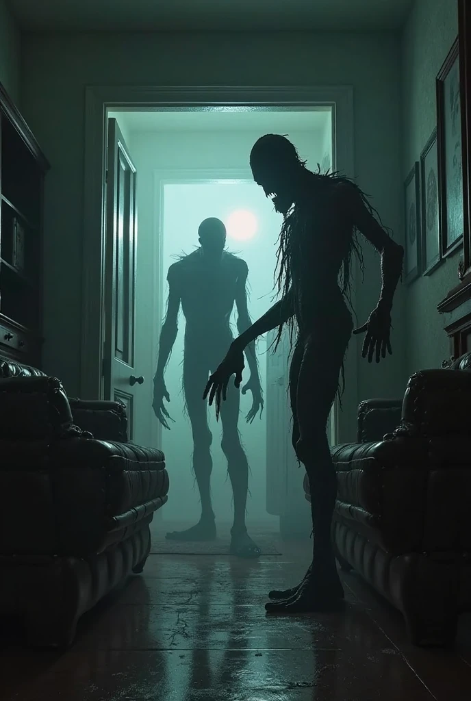 (photorealism:1.2), Terrifying aliens in a room of a house, On the wall of the room there is a painting with some words written in blood that say TERROR MG, In the dark 