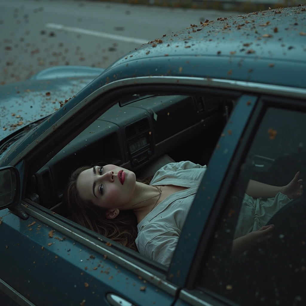 a long-haired zombie,zombie face. Ugly ghost.long hair cover face , ghost, ju-on , lying down prone on the roof of a car, wearing a ripped long white dress, car drifting. Car move fast , epic. High shutter speed. , dramatic lighting, cinematic atmosphere, moody color tones, high contrast, photorealistic, 8K, masterpiece, ultra-detailed. At night. Flash photography
