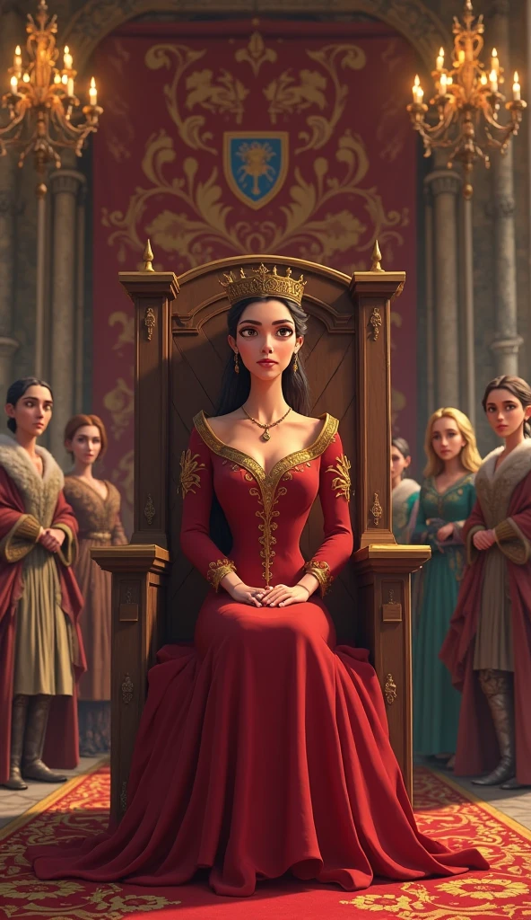 Create a Renaissance-style animated scene set in a grand medieval hall ...