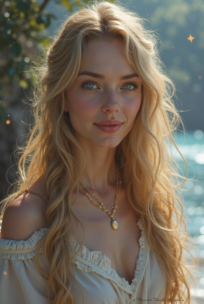blonde with long hair sunbathing by the sea