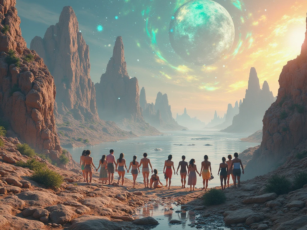 Depict an epic chapter of a wonderful book. (YES NSFW), In the center of the scene two primitive ancestors women WhiteWetWear, Demonstrate powerful cosmic energy. (perfect faces), Next to them a vibrant explosion. Bright colors represent the original state of the universe, like a newborn. five gods exist in the image. ((perfect faces)). Everyone has a unique look and expression,Reflecting their connection to the universe. Surrounding the universe are eight huge floating rocks, Planet symbolizing the cosmic garden. Each planet has unique characteristics, Such as lush scenery, glittering ocean, and mysterious atmosphere. Although the gods strive to bring joy and life to the universe, Their sadness is palpable. sun, Now a huge incandescent rock, Emits intense heat and bright light, unique light. Scattered throughout the site, stars shining bright, like little gaseous rocks that light up the universe. at last, Primitive people and theirs took on a majestic bipedal form, Show their greatness and divine power. Use your creativity and skills to create an image,Capturing all the cosmic grandeur of this enchanting chapter, Highlight the perfection and depth of every detail. matic