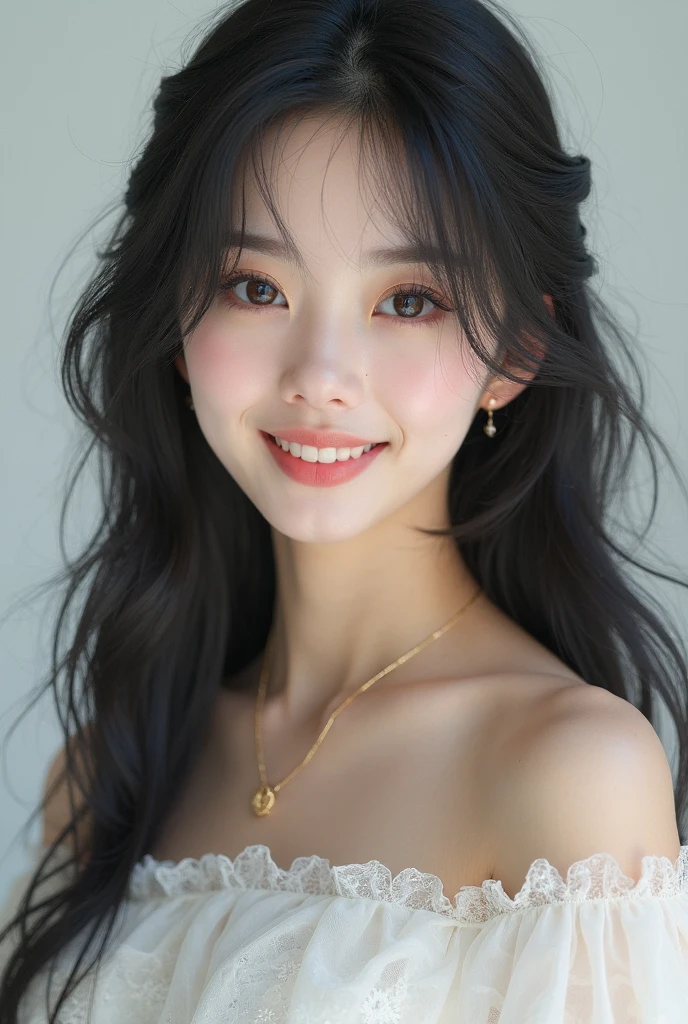 Create a portrait of a woman with an enigmatic smile, gazing directly at the viewer. She must have an oval face, with clear and smooth skin. Your hair is dark, smooth and falls on the shoulders. The woman wears a Renaissance period dress