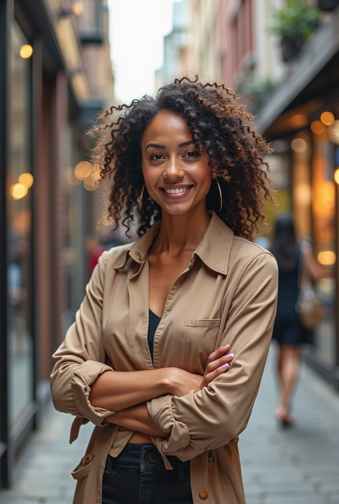 A bold Latin woman, fashion, no shopping , showing their shopping bags , wearing a closed white shirt,  with a close-up capturing her high energy and big smile from having made great purchases .