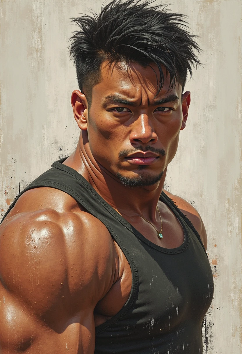 1man, a 20 y.o angry asian muscular male, front side, detailed face, full body, Totally porn nudity, dark skin, muscle huge chest, soldier hair, 149kg, dirty gym dark basement background, no light, extremely detailed, 8k, uhd, photorealistic