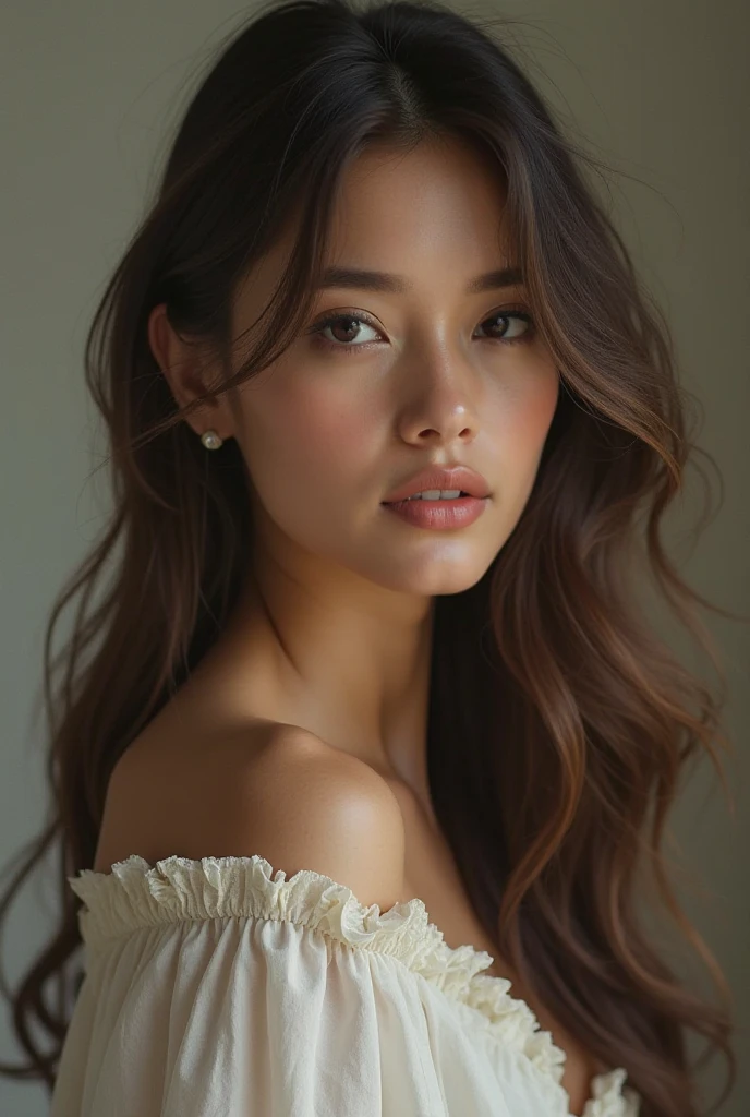 best quality,realistic,knee to top, beautiful detailed eyes,beautiful detailed lips,extremely detailed eyes and face,long eyelashes,professional,vivid colors,soft lighting,hospitable smile,caregiving attitude,kind eyes,long brunette hair,small breast,happy and friendly expression, looking at me smiling Gorgeous woman, looking forward seductively, nude, looking up at me