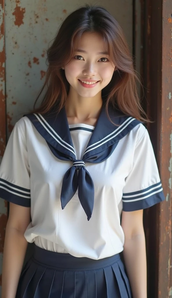 Neat and clean 、(student clothes、a sailor suit、Ribbon knot at chest、summer clothing、The upper body is white、The skirt is dark blue)、Outside the field、(Slimed)、Photorealsitic、detaileds, Skin Texture, ultra-detailliert、Delicate and sexy collarbone、A smile、Super Detailed Face、Detailed lips、A detailed eye、tiny chest、Smaller chest、mall、flat breast、Chest emphasis、Bright face、((is standing、 Uniform、White panties are visible from the skirt、Sheer white shirt、Navy blue ribbon at the collar、Dark blue pleated micro mini、slightly lift the hem of the skirt with both hands,,))、Shorthair with bangs、Straight Bob Hair