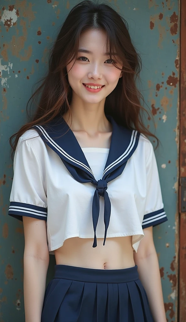 Incredibly cute girl,Super cute 16 year old girl、White skin、(Wear a sailor uniform)、 Professional Lighting、Tokyo Street,night, Streetscape,City lights,Upper Body,close,smile,, (8K, RAW Photos, Highest quality, masterpiece:1.2),(Realistic, photo-Realistic:1.37),Please lift your skirt、Panties are visible、