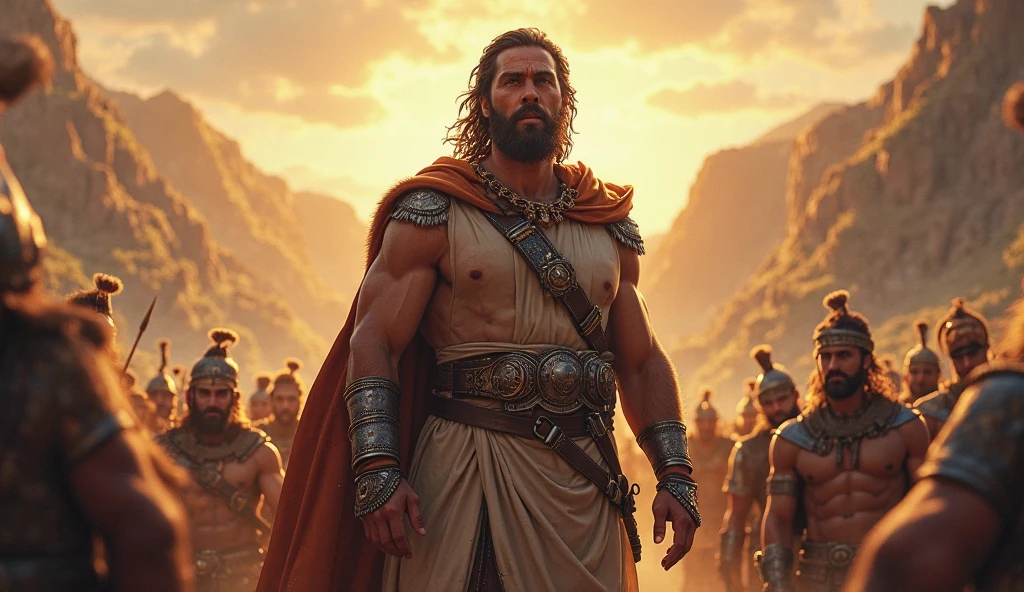 One great warrior with less beard and long hair ,he has great strong six pack body ,The sun tattoo on his head ,he had golden protection shields on his body it's looking like natural golden protection shields wearing on his body ,he hand earrings golden ,he standing on a chariot in the middle of war
