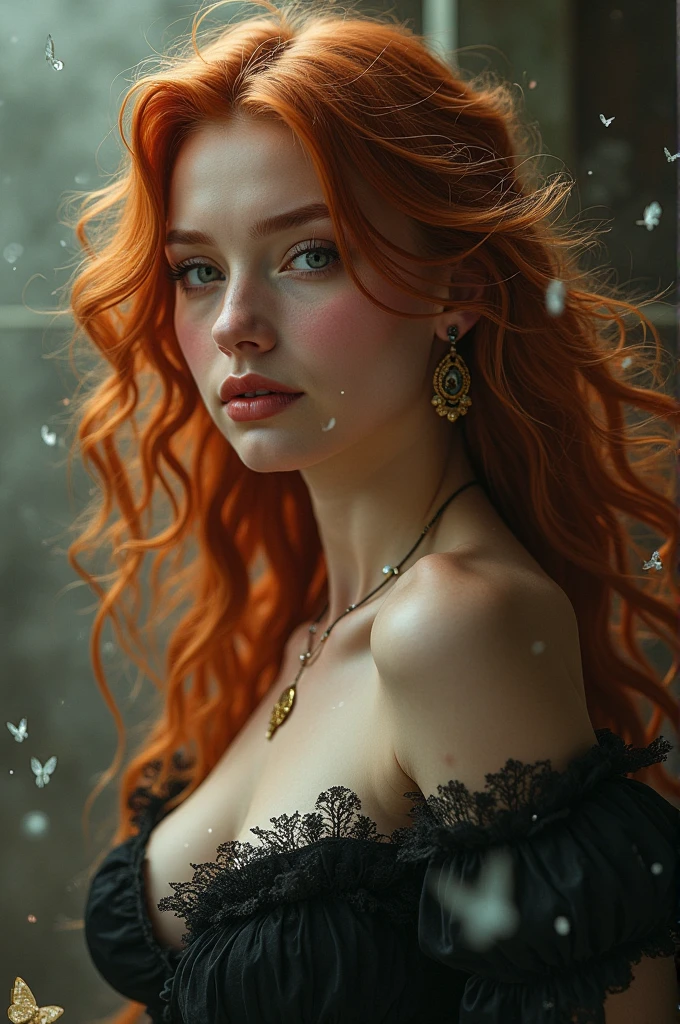 (solo, full body photo:1.3), (action packed:1.3), (haze, fog, mist:1.3), chiaroscuro, best quality, photorealistic, 1woman, (cute), (24yo:1.2), redhead, long ginger hair highly detailed, 1700'S, digital photography, art by artgerm and ruan jia and greg rutkowski surreal painting gold butterfly filigree, broken glass, (masterpiece, sidelighting, finely detailed Fashionable eyes: 1.2) (perfect oval large eyes that gazes at the viewer), beautiful detailed face, blue gorgeous perfect eyes, (blonde hair ponytail), (attractive young woman:1.3), (thick amazing hair), (seductive:1.1), (blushing:1.1)
