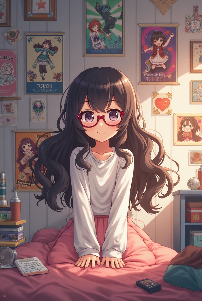 A town young girl with specs and tied hair in a ponytail wearing tshirt and mini skirt. Excited expression seating in her room