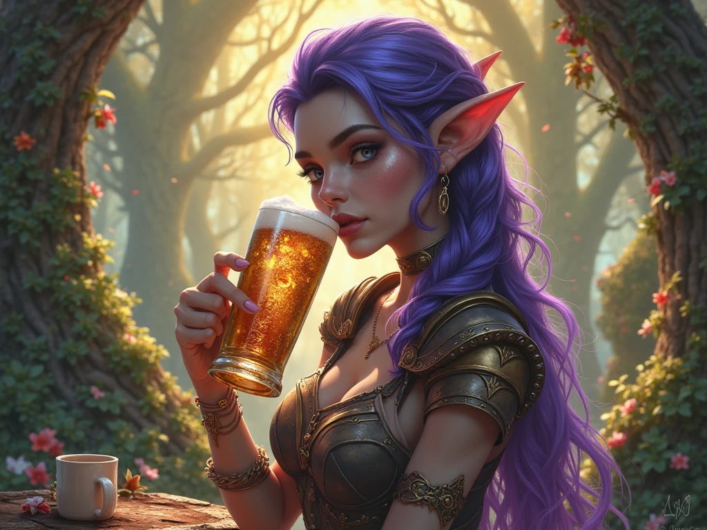 masterpiece, best quality, highres, 8k, <lora:OffShoulderKimono:1> kimono, from behind, off shoulder, shoulder blades, <lora:high_elf_archer-10:1> high_elf_archer, elf, blush, pointy ears, long hair, sidelocks, hair bow, (holding beer mug:1.2), (shot from above:1.1), bar background