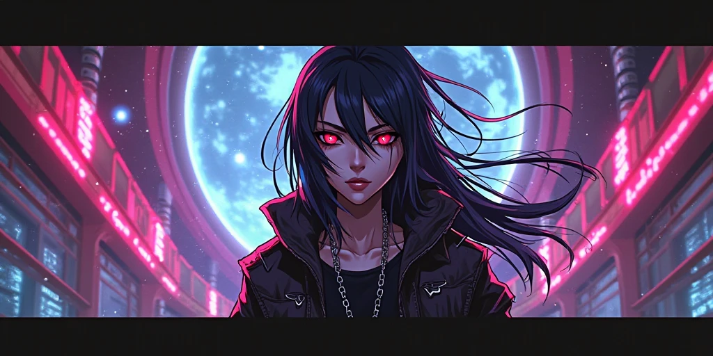 masterpiece, Highest quality 1girl, Black Hair, black Jacket, Blurred, Blurred background, chest, Depth of written boundary, Shine, Shine eyes, Helmet, horn, Jacket, jewelry, knife, Long Hair, View your viewers, mask, medium chest, necklace, Neon Light, oni mask, Open clothes, open Jacket, Outdoor, rain, Red eyes, warrior, sheath, sheathed, shirt, alone, sword, tattoo, teeth, Upper Body, arms, white shirt, zipper