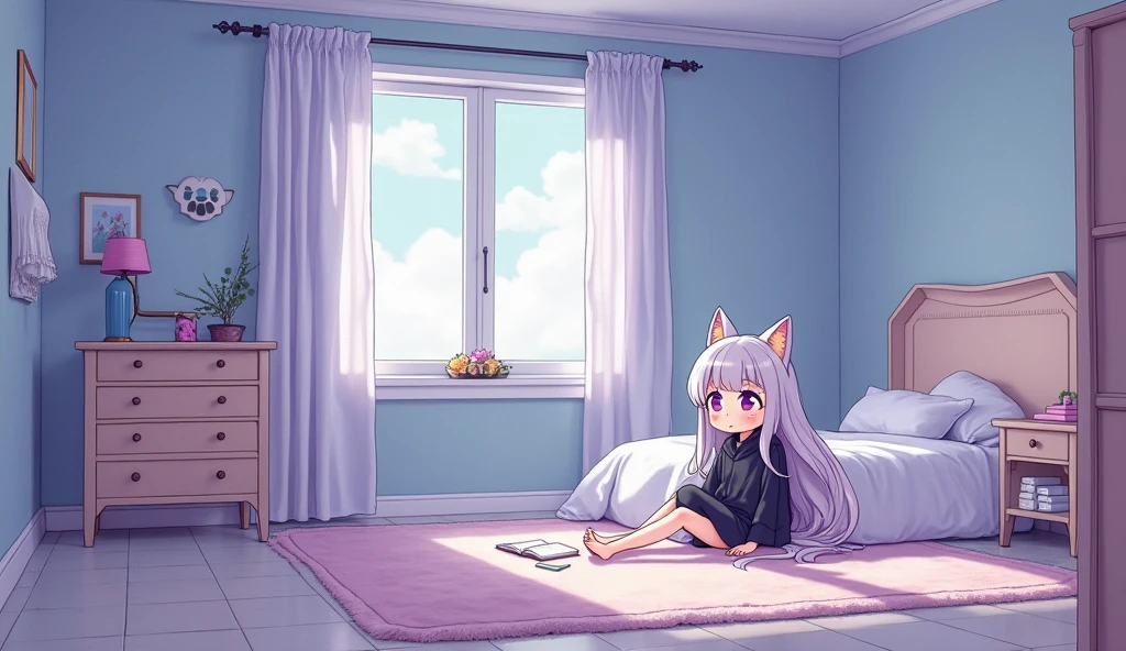 b3droom, horns, monitor, scenery, curtains, dragon horns, bow, closed eyes, animal ears, white shirt, white thighhighs, scissors