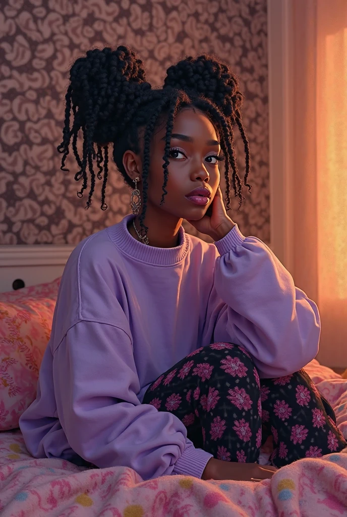 (masterpiece, best quality), deep ebony 1girl, beautiful face, freely hanging braids, bedroom , cute, pijamas, beautify, Lofi vibe, green clothing, cute night vibe, concentrated