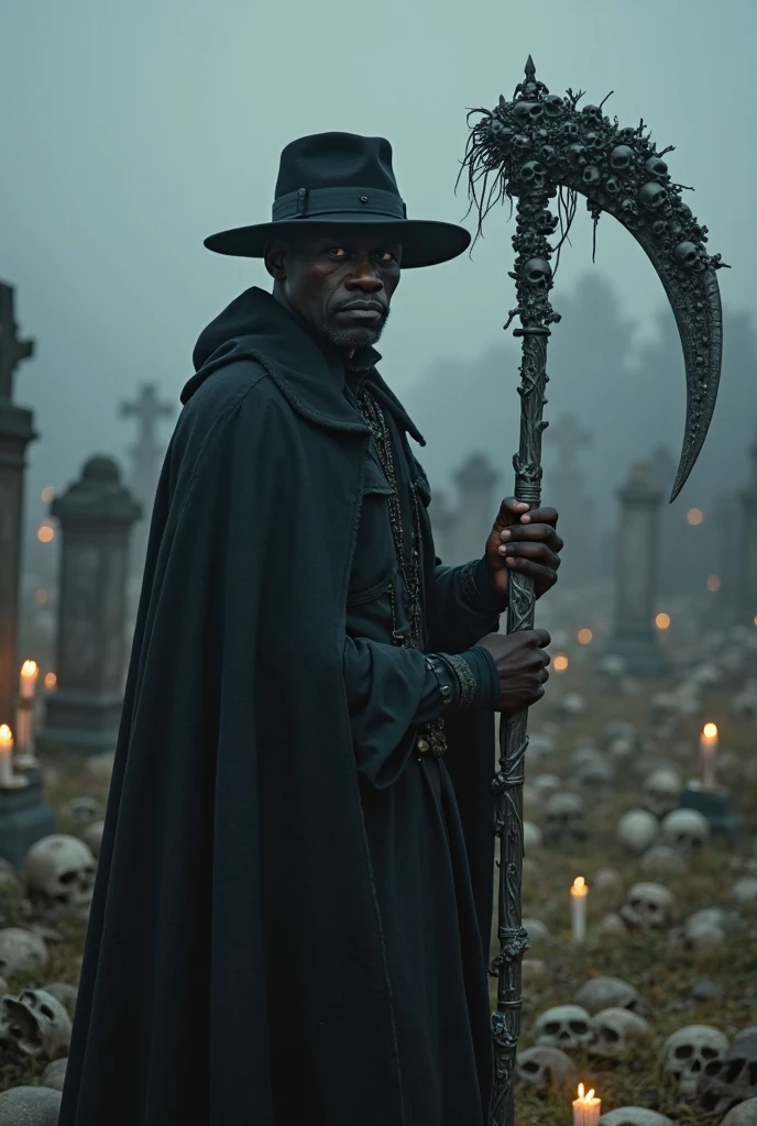 in a dark and smoky cemetery, with several tombs, a black man in a black cape with white interior, and circular hat, with a staff on the ground on a dark night, stands out symbolizing the figure exu ''tranca rua''", with lightning in the background on a rainy day, with skulls on the ground 8k ultra realistic in a dark and smoky cemetery, with several tombs, a black man in a black cape with red interior, and circular hat, with a staff on the ground on a dark night, stands out symbolizing the figure exu ''tranca rua''", with lightning in the background on a rainy day, with skulls on the ground 8k ultra realistic