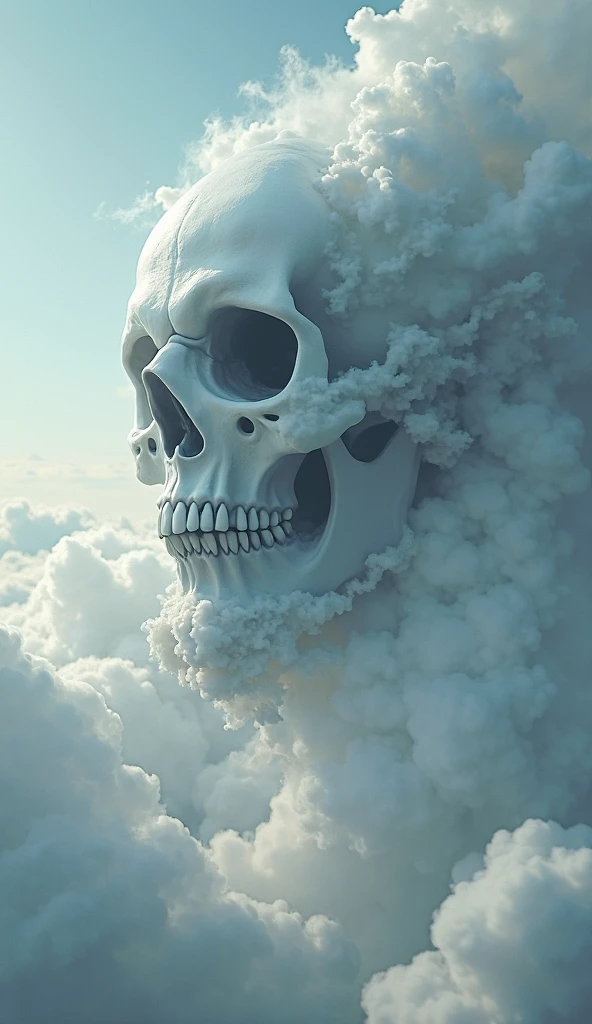 Hyperrealism, realistic, detail, not anime, not animation 3d, white skull with many wings and big wings, fly in the sky, background blue sky and white clouds,