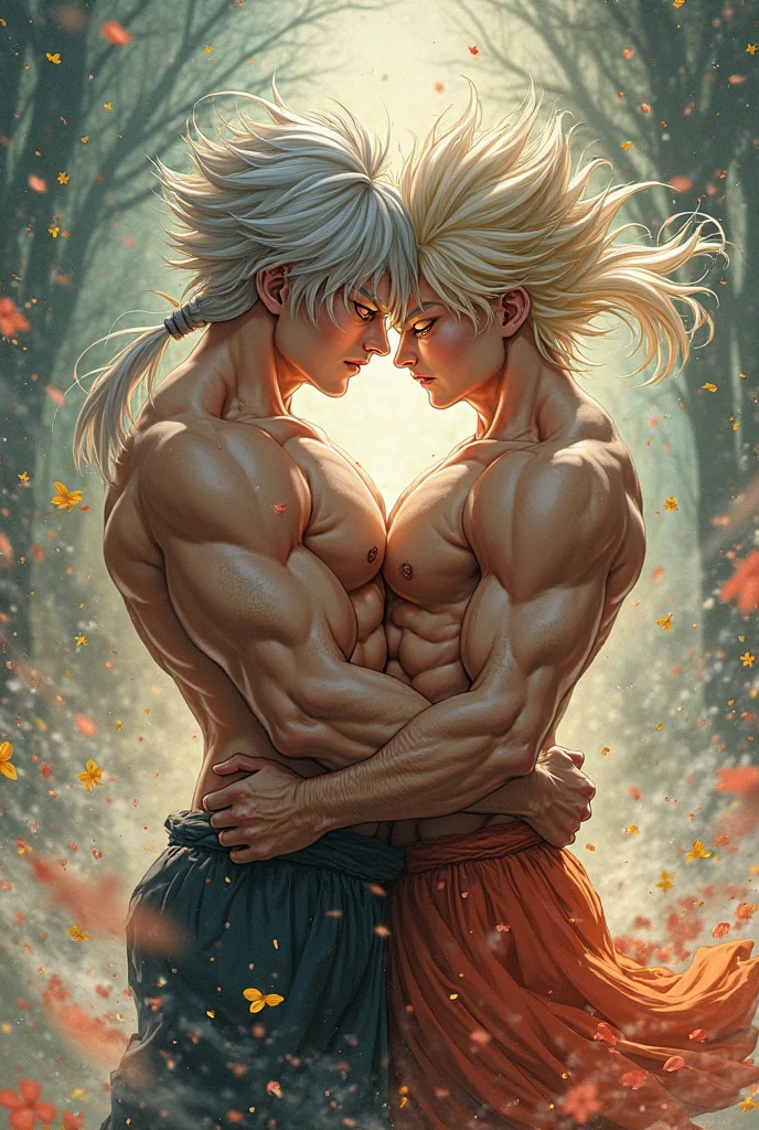 Gay anime blonde haired man and white haired longer man. Both are dancers masculine 