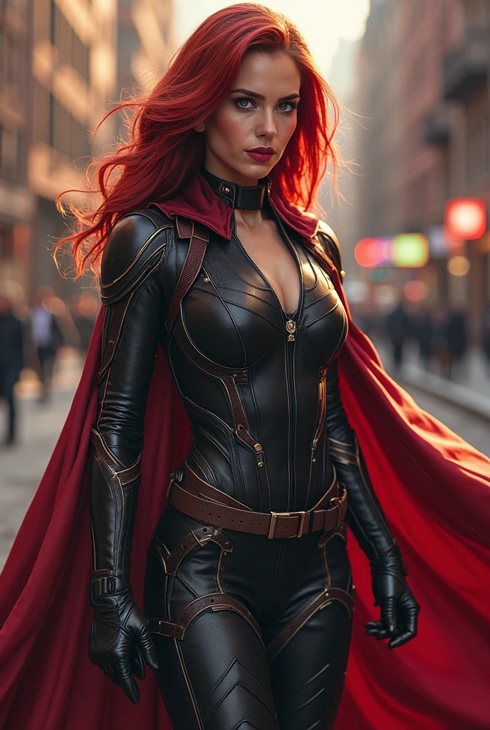 young adult woman,half elf,dark green eyes,fangs,sharp teeth,demon morph,mileena mortal kombat,redhead,red hair,dark attire,powerful,magic,blood,(best quality,4k,8k,highres,masterpiece:1.2),ultra-detailed,(realistic,photorealistic,photo-realistic:1.37),HDR,UHD,studio lighting,extreme detail description,professional,vivid colors,portraits