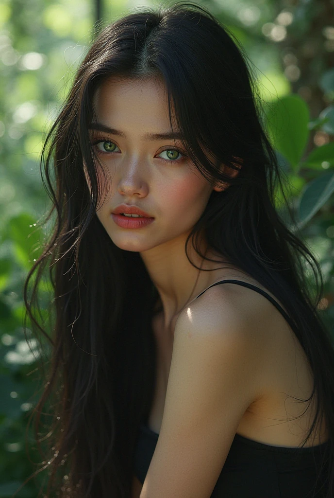 I want a brunette woman looking green with black hair, her name is Rafaela, she is 18 years old and naked without clothes