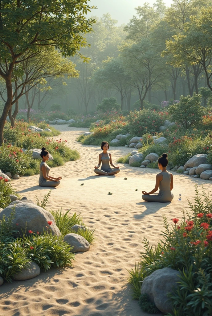 Meditation space: Choose a calm and tranquil spot with a young woman meditating, such as a Zen garden or a beach at sunset. Talk about how practicing small acts of meditation, reflection, or gratitude daily can have a big impact on mental health and overall well-being