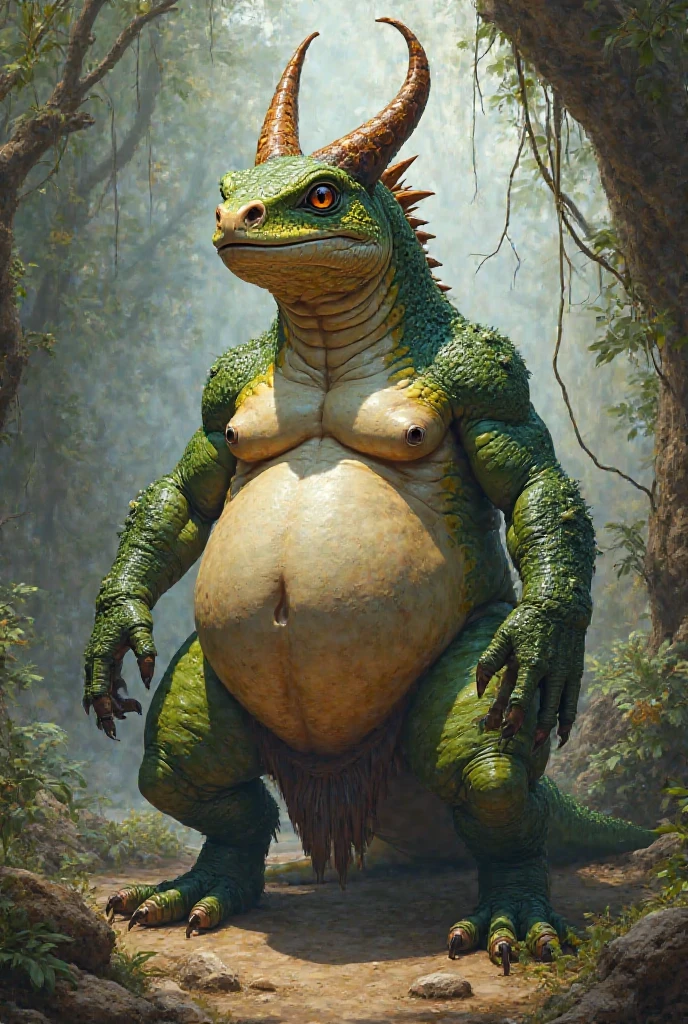 NSFW, ultra detailed, a beautiful and detailed full size portrait of a male t rex, dinosaur, reptile, ((orange body, yellow skin, green eyes, detailed eyes, muscular anthro, buff, big pecs, fat, obese, scar)), close up view, front view, big body, sexy body, goddess, wide hips, kenket, Ross Tran,ruan jia, trending on artstation,foxovh, cenematic lighting, front view, (((extremely hung:1.9, massive genitals, big veiny hyper penis, heavy massive balls, standing, seductive, looking at viewer))), detailed swamp background, the daddy dinosaurs cock is growing too big, expansion, growth,