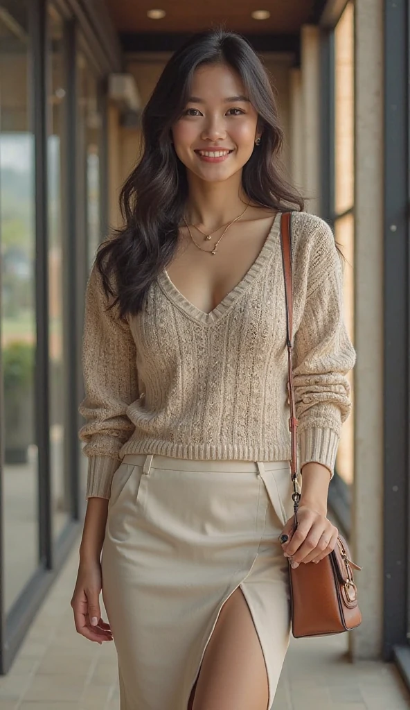 Photorealistic, ultra-detailed, Brunette woman with long wavy hair (cascading over her shoulders), Fashionable clothes, Natural makeup, Subtle smile, Warm, blurred background, Soft, glowing light, Casual yet polished look, Friendly and approachable demeanor This image showcases a beautiful brunette woman, captivatingly depicted with long, wavy locks that cascade gracefully over her shoulders. she's intimately engaged in taking a selfie, reflecting her fashionable attire and natural makeup. Her appearance exudes a calm, subtle charm, with a gentle smile playing on her lips