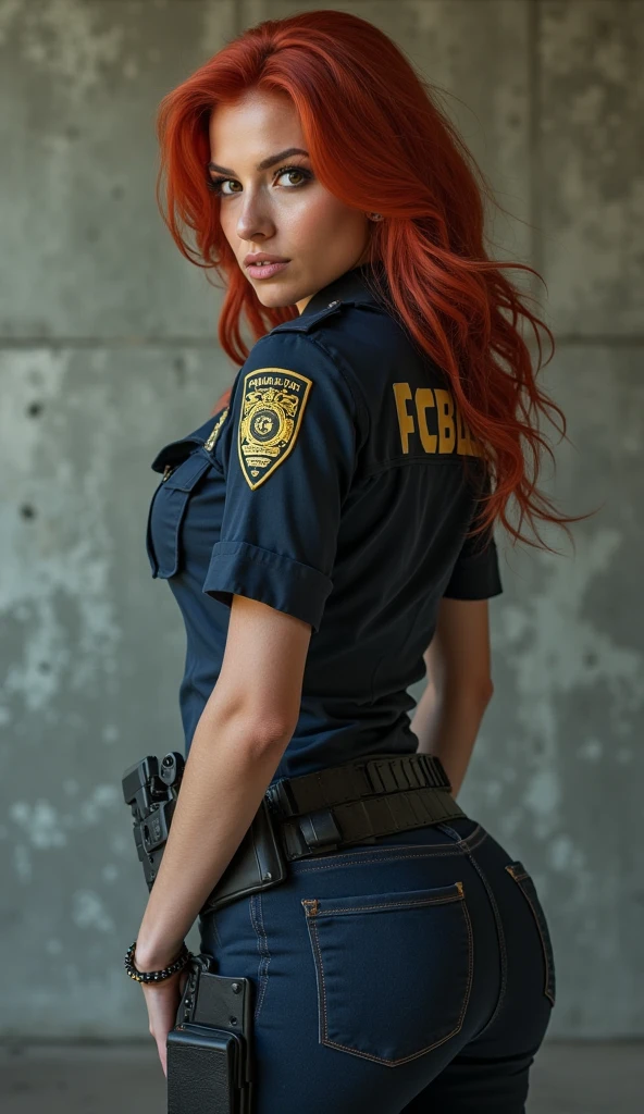 Redhead police bitch with sexy cleavage and visible areolas and super short miniskirt showing off her shaved vagina. sexy police costume in the dark, photorealistic room, intense flash photography. mujer inclinada, pose sexy, pechos grandes, mirada seductora, labios rojos, Hermoso maquillaje
