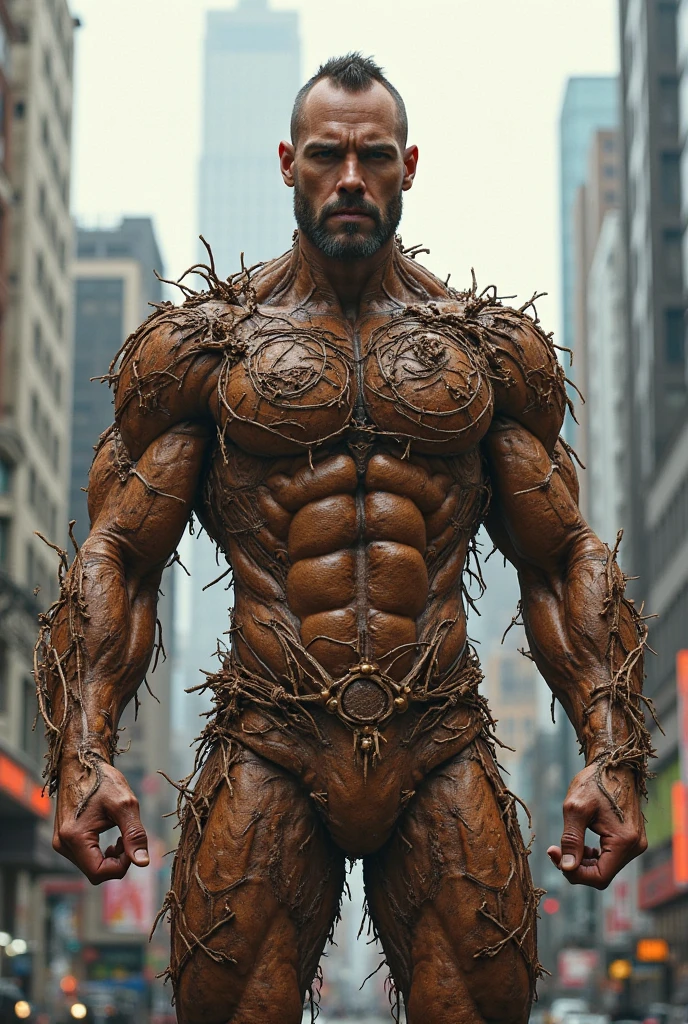 Made from rusty barbed wire, intertwined with blades and sharp thorns, woven massive, muscular body of a giant, whose height reaches 3 meters. Distorted face with no visible eyes, nose and mouth, and instead of the monster’s 2 arms, it is equipped with creepy mechanical manipulators with servos and hydraulic hoses.