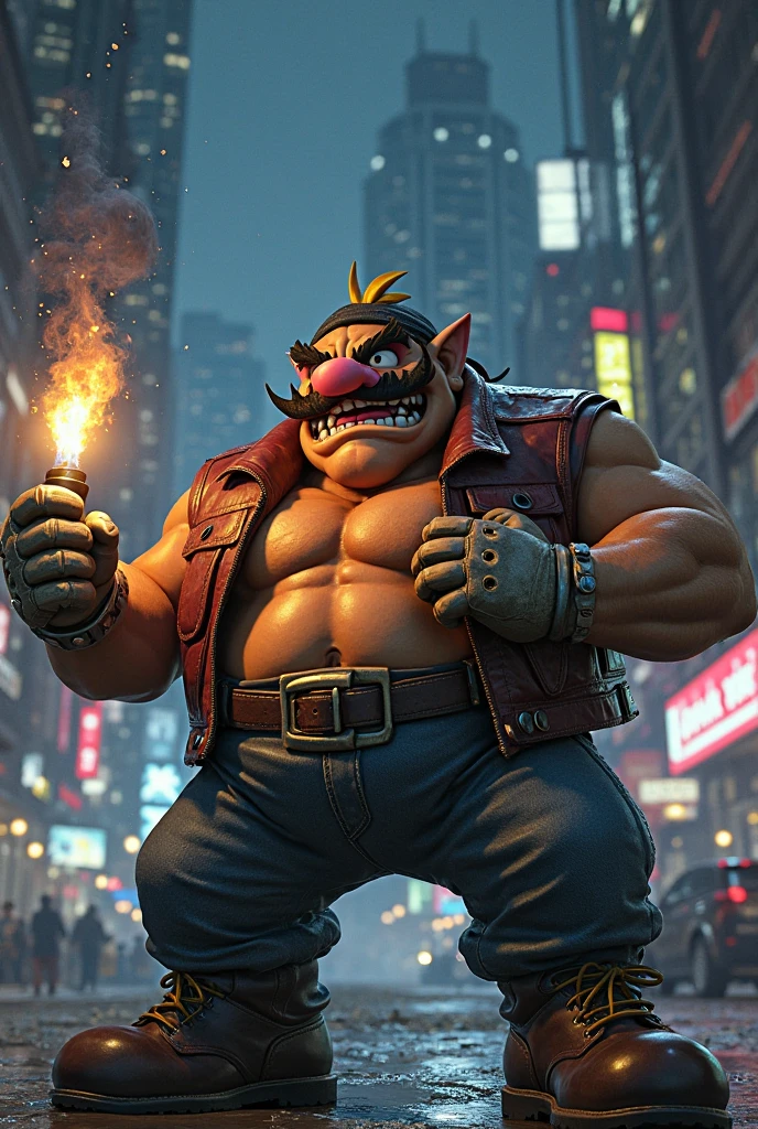 Pink gangster ape with gun, tattoos all over the body and guns on the back and guns even in the teeth at a fair in India