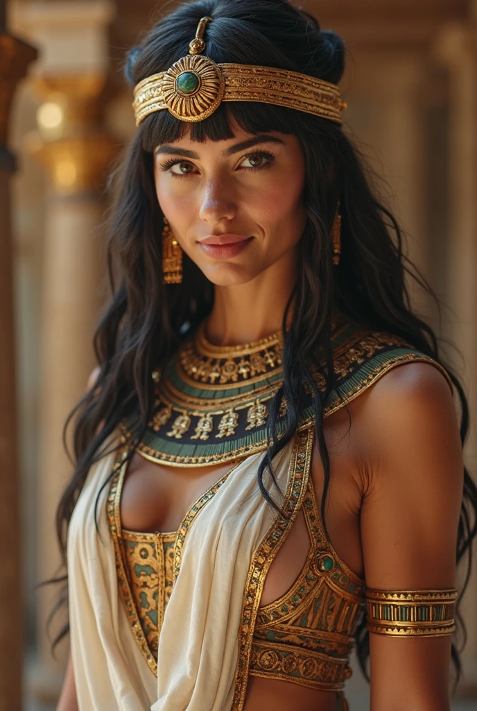 Egypt 80AC, Standing in an Egyptian palace, black-haired, Cleopatra's motherly love for her twelve-year-old girls. 8K, No top, naked breasts, realistic photo, masterpiece.