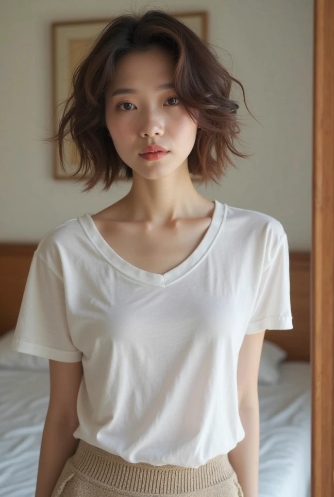 lens: 135mm f1.8,(Highest quality), (Beautiful 14 year old Japanese girl), (Moisturized lips), Narrow eyes, double eyelid,Delicate clavicle,Flat Chest,Very short hair,
(Let me me me me'Let me me me'Let me me'Let me'Let's take another look), shame, A faint smile,
(In front of a white wall:1.2), Professional Lighting,
(Japanese 、White T-shirt), (Sunburned skin:0.2),Full body photo、Full Body Focus、Sit on the sofa、A hesitant expression、Skinny jeans、Sweating、My hair is messy