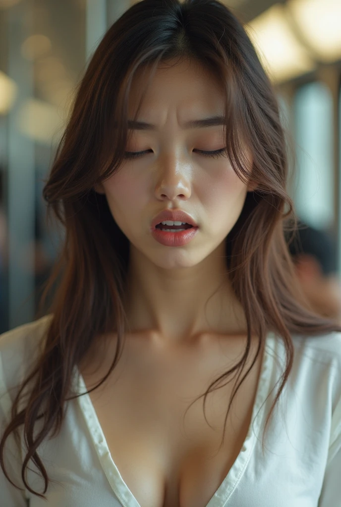 Long Hair Girl,Peeing in a restaurant, I can't stand it anymore, Horny Face, Face the pain of enduring, close your eyes