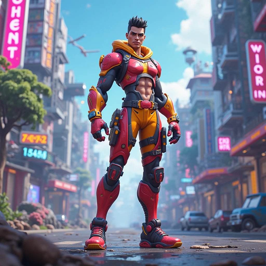 highly detailed, High Quality, Masterpiece, cowboy shot of krillin, (orange) sleeveless top, cybernetic right arm, smiling, volumetric light, lens flare, cyberpunk city in background, realistic, light, colorfull, night, neon, digital art, 3d render <lora:krillin_chara-10:1>