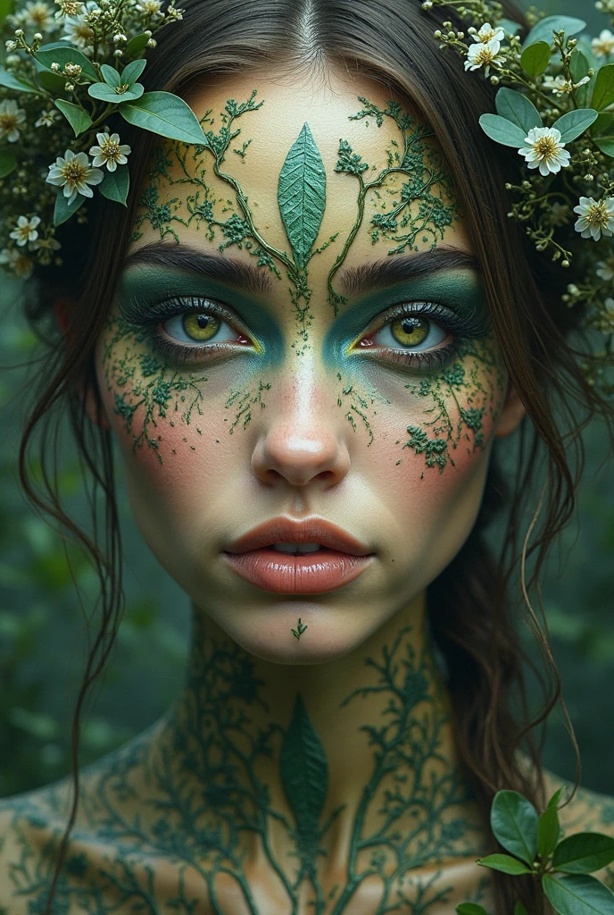 Masterpiece, raw photo, high quality, Autumn/Fall, Cloudy Day, Masterpiece, raw photo, high quality, realistic, intricate diorama, photorealism, intricate details, extremely detailed, outstanding intricacies, hires textures, high detail, incredibly detailed, cinematic lighting,A woman with long Flavescent long curly hair in the middle of the forest, Egyptian Blue eyes, leaves entwining around her body. The face is Jet tattooed with natural ornaments. An imaginative fairytale image, colorful, highlight in the eyes,8k, 16k, uhd, sharp lines, (lots of details:1.2), extremely detailed, absurdres, intricate detailed, cinematic scene, best quality, high detailed, ultra sharp, photorealistic, award winning,, 8k, 16k, uhd, sharp lines, (lots of details:1.2), extremely detailed, absurdres, intricate detailed, cinematic scene, best quality, high detailed, ultra sharp, photorealistic, award winning,